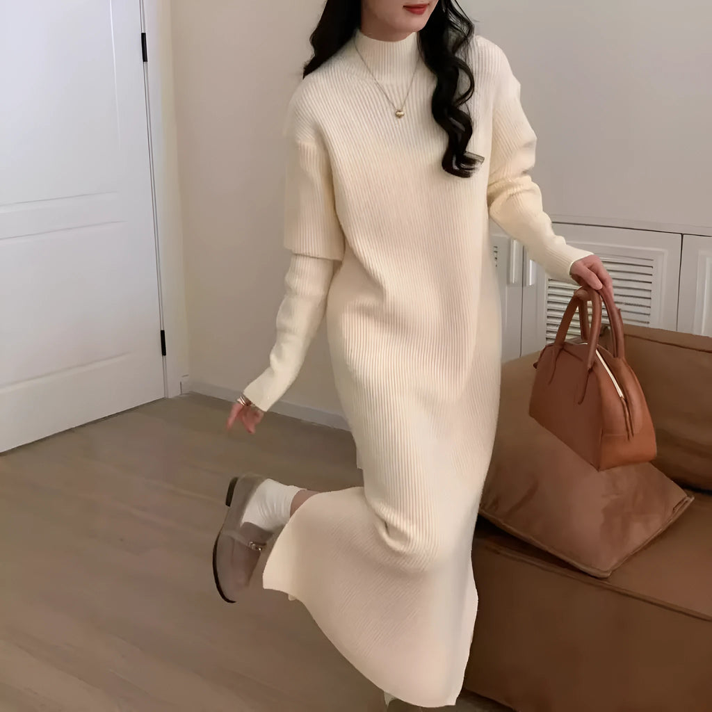 Woman wearing a beige half-turtleneck, high-waisted, knee-length acrylic knit dress.