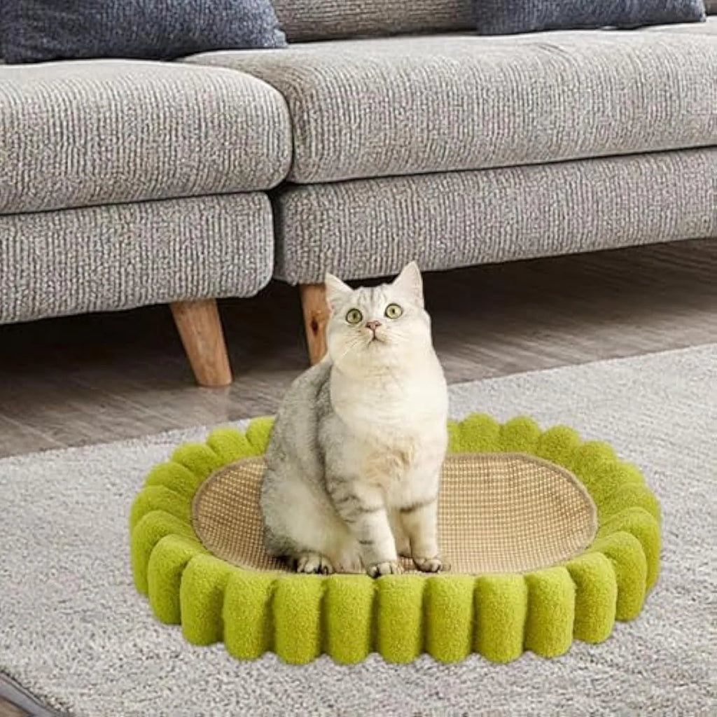 Green oval sisal cat scratcher bed measuring 650mm with scratching surface and lounging area