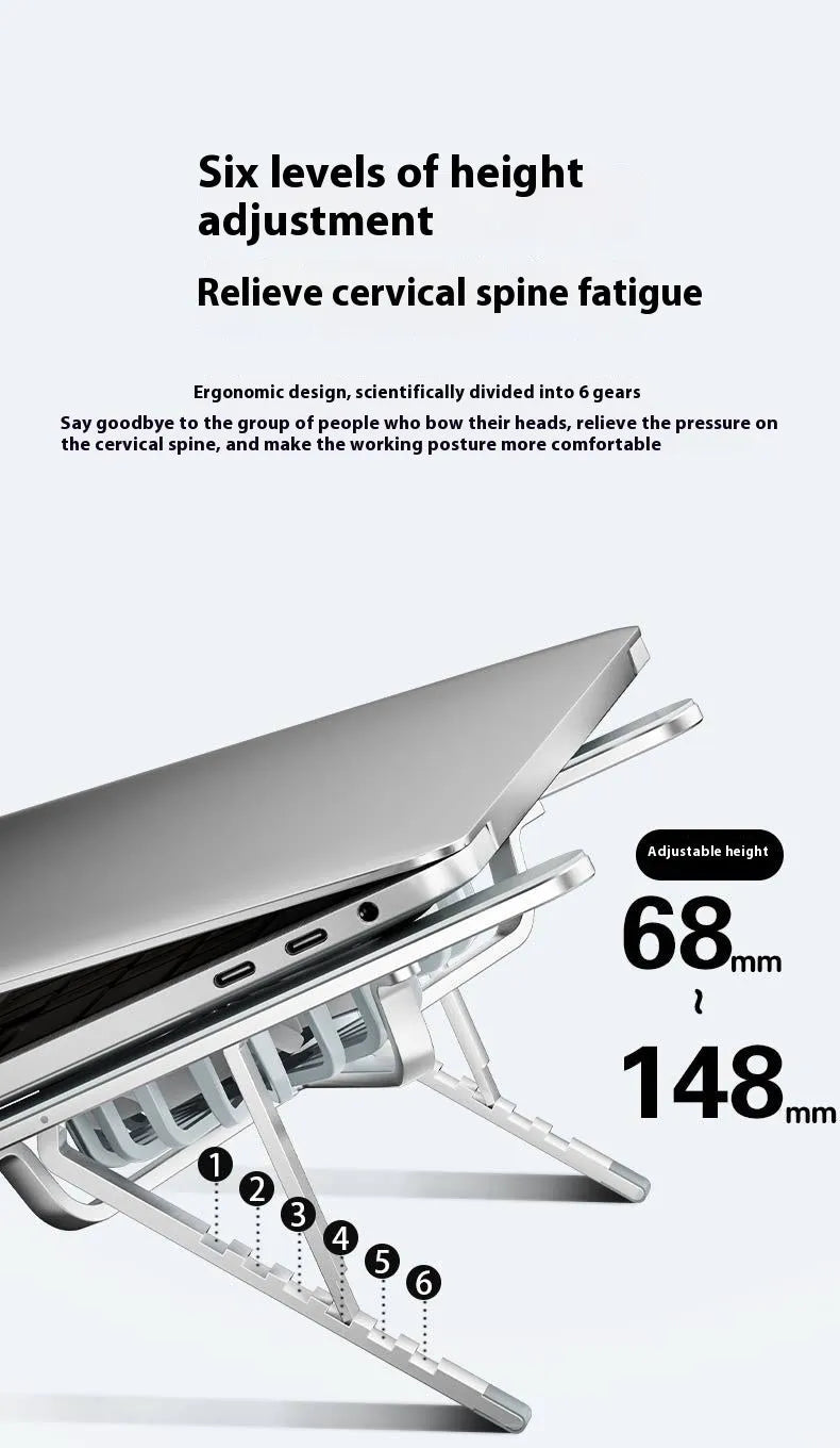 Silver aluminium laptop cooling stand with twin fans and height adjustment, shown folded.