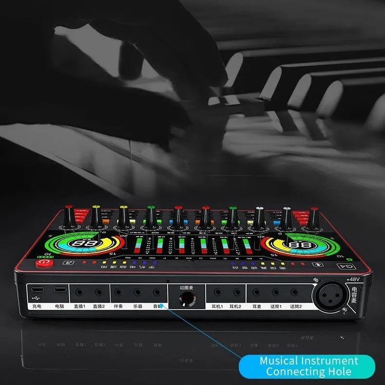 G4 professional live sound card set with LCD display, control knobs, remote, cables, and a dynamic microphone.