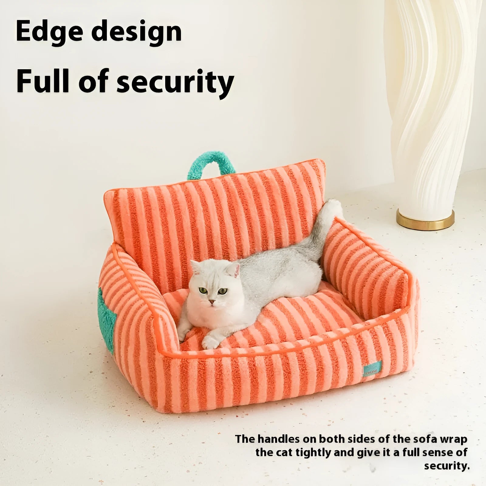 Striped soft velvet dog bed with removable cover in yellow, orange, and purple colour options.