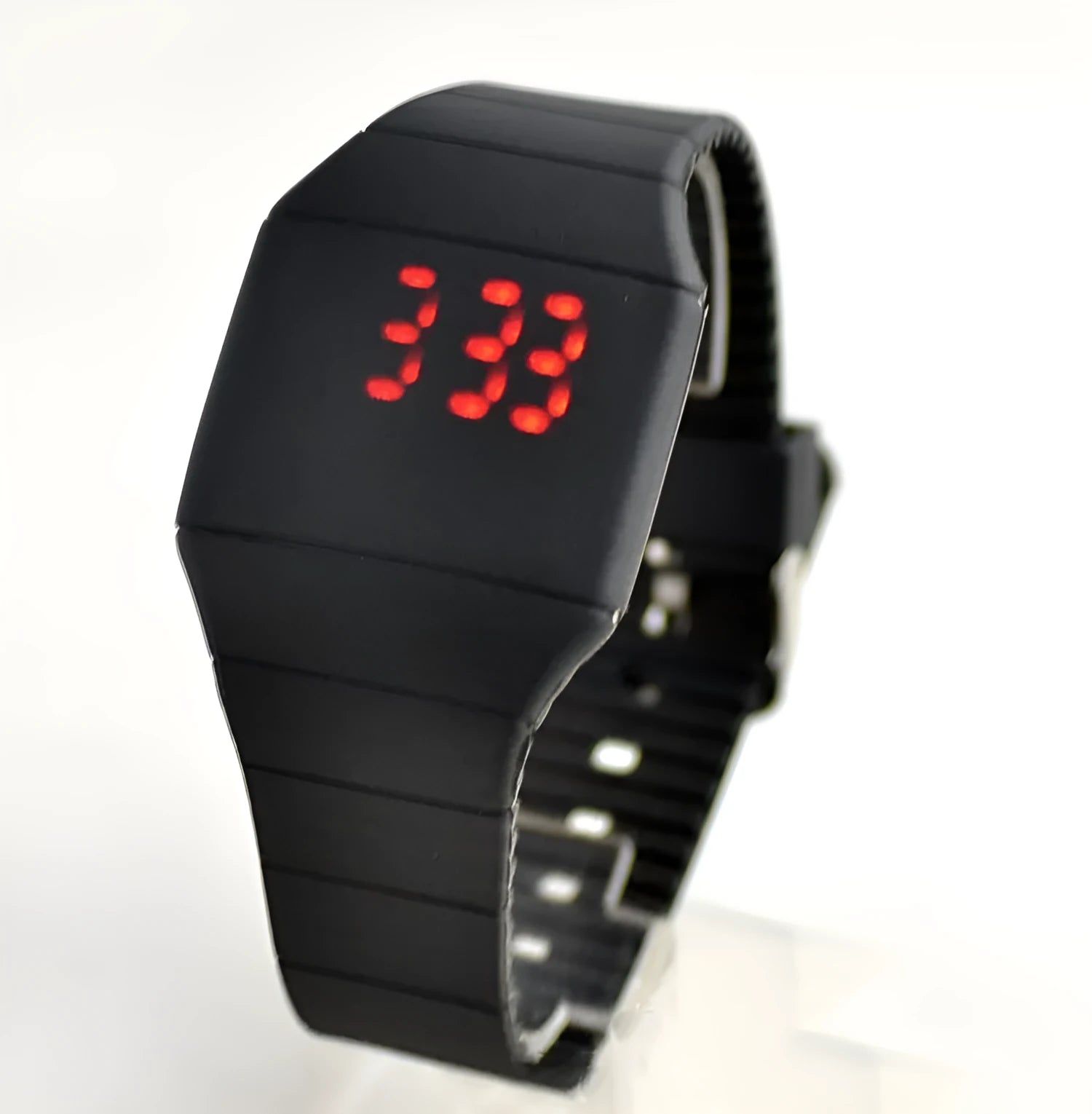 Square electronic watch with touch screen, plastic case, PU strap, and stainless steel buckle in multiple colour options