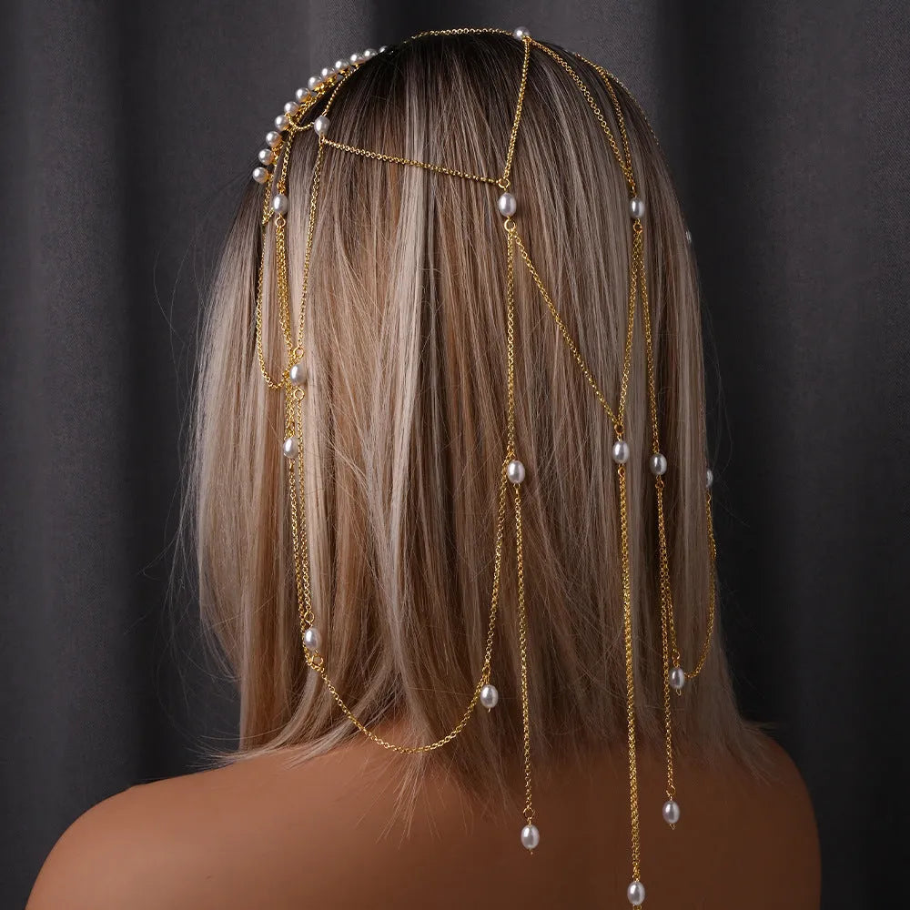 Gold or silver mesh tassel hair chain with pearl elements for women