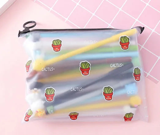 Set of twenty 0.5mm black pens with cactus cartoon designs inside a matching plastic pen case.