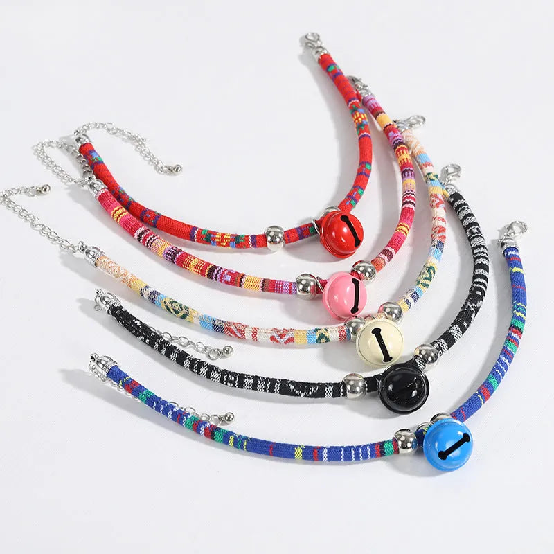 Coloured ethnic pattern adjustable pet collar with a bell for dogs and cats in multiple colours