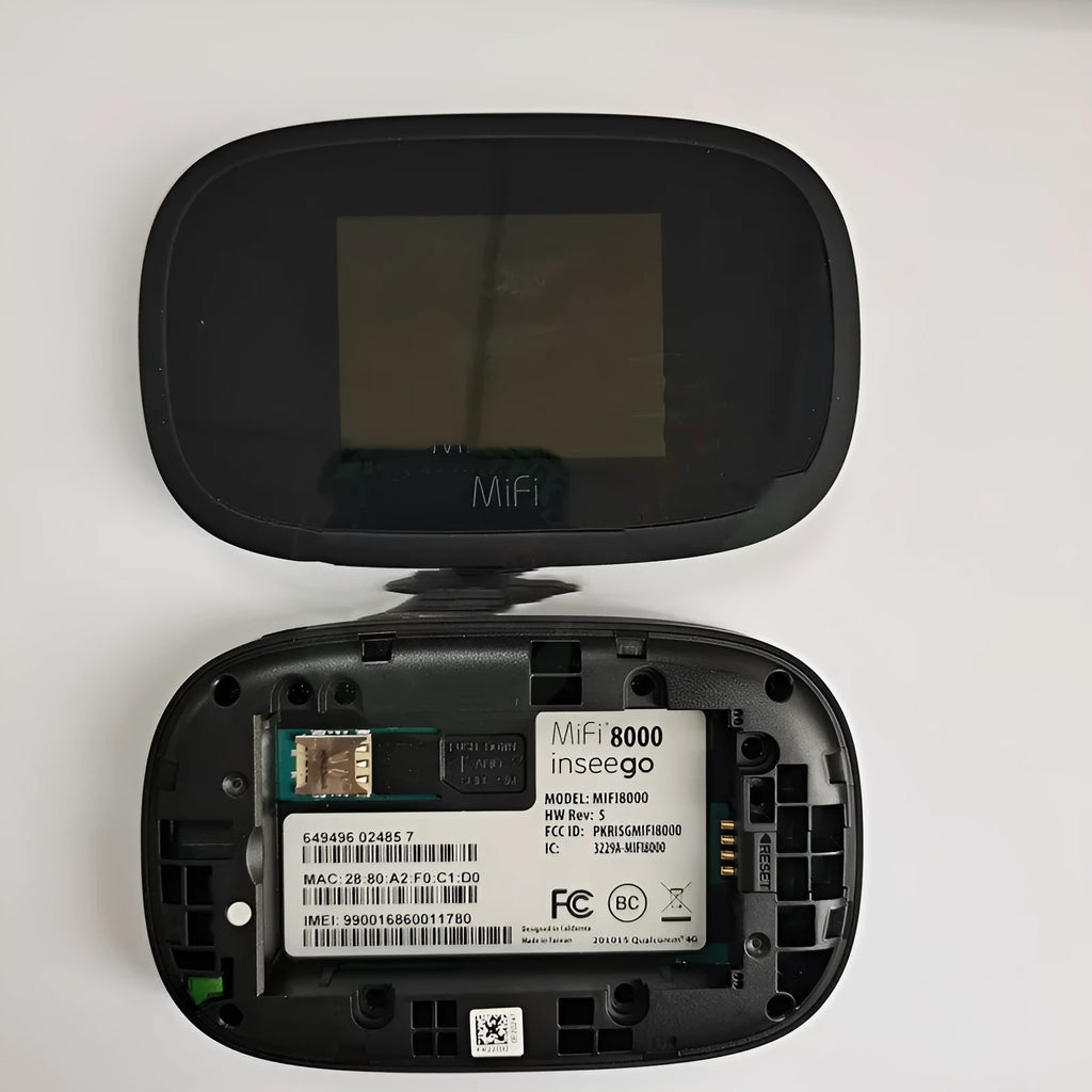 Black mifi8000 4G portable wireless router with battery and data cable on a white background.
