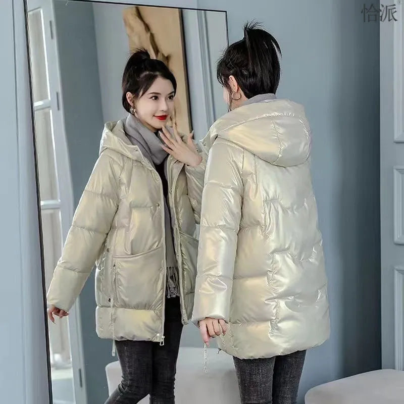 Women's loose thick hooded winter jacket in black, shown on a model.