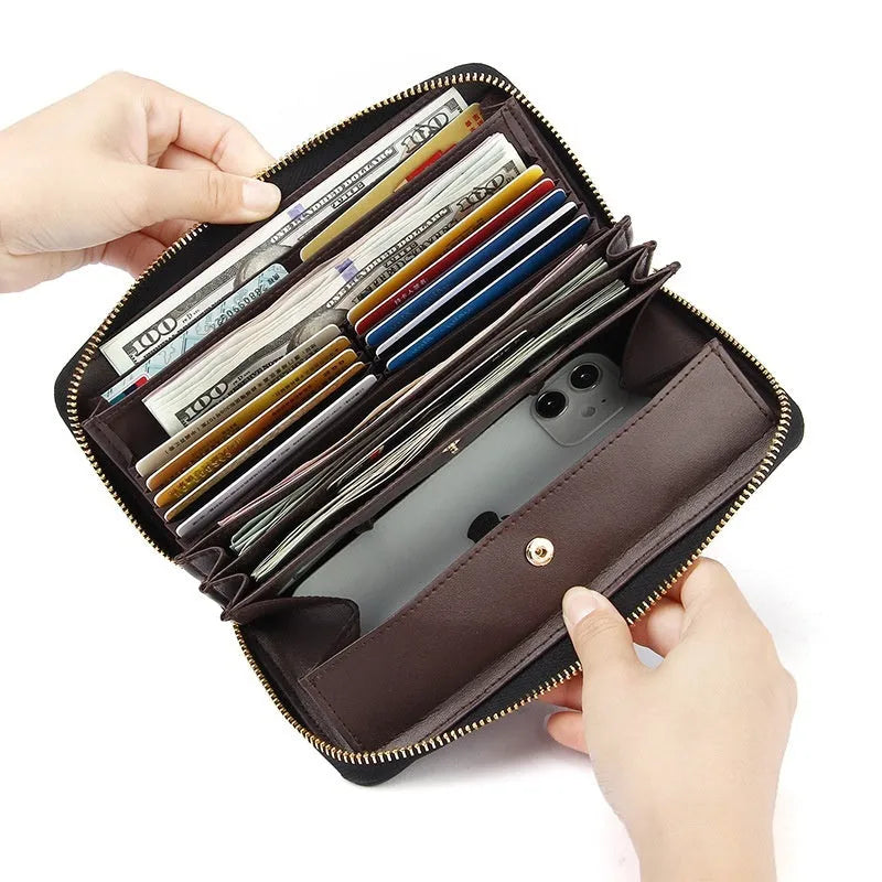 Genuine leather long wallet in six colour options showing large capacity and anti-theft card swiping function