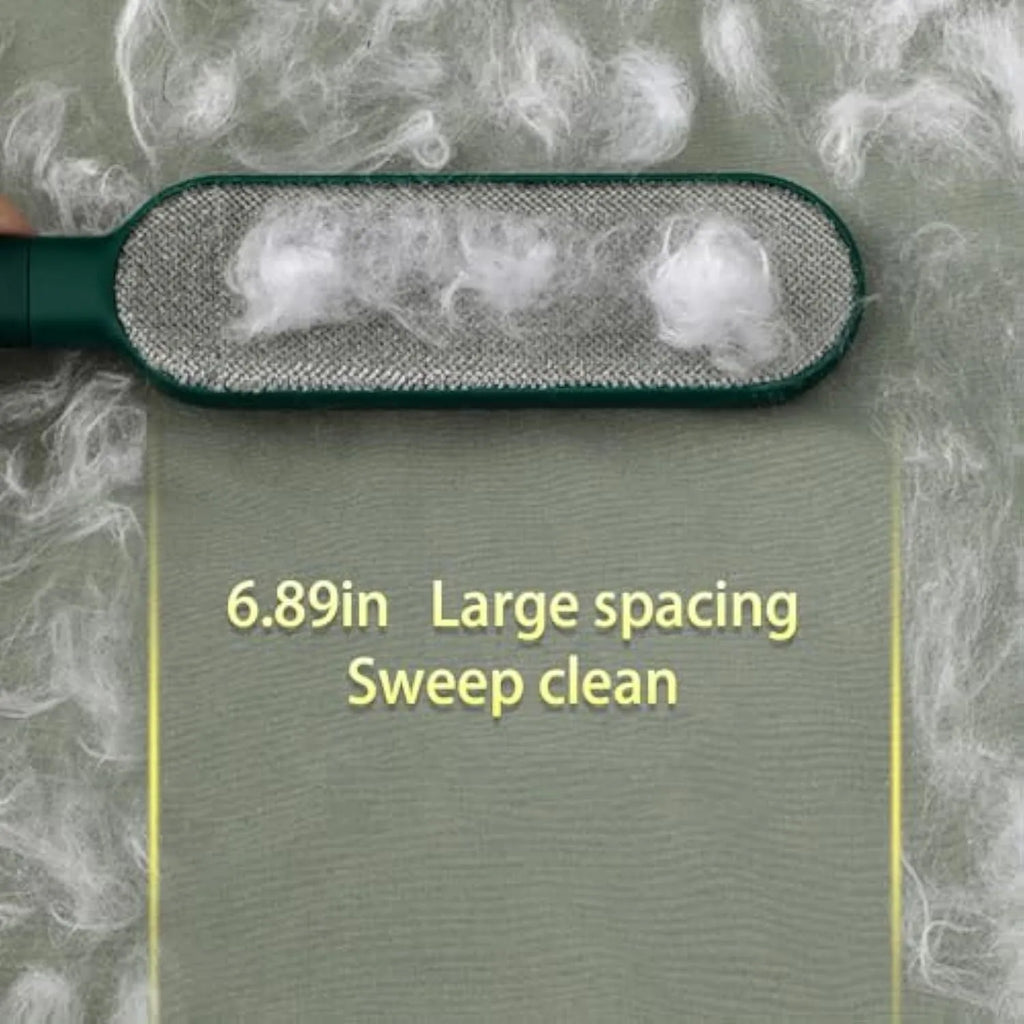 Blue, green and white pet hair remover brush with a reusable lint roller and storage box.