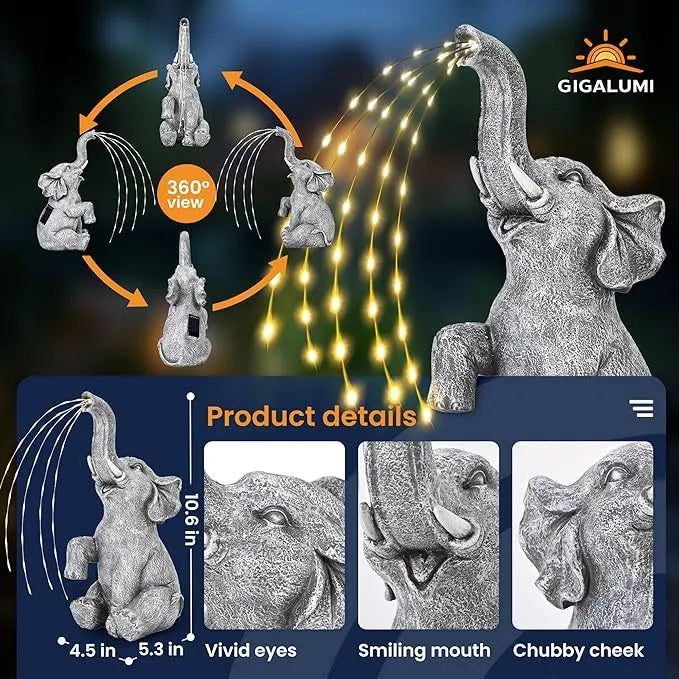 Resin elephant garden statue with LED string lights for outdoor patio decoration
