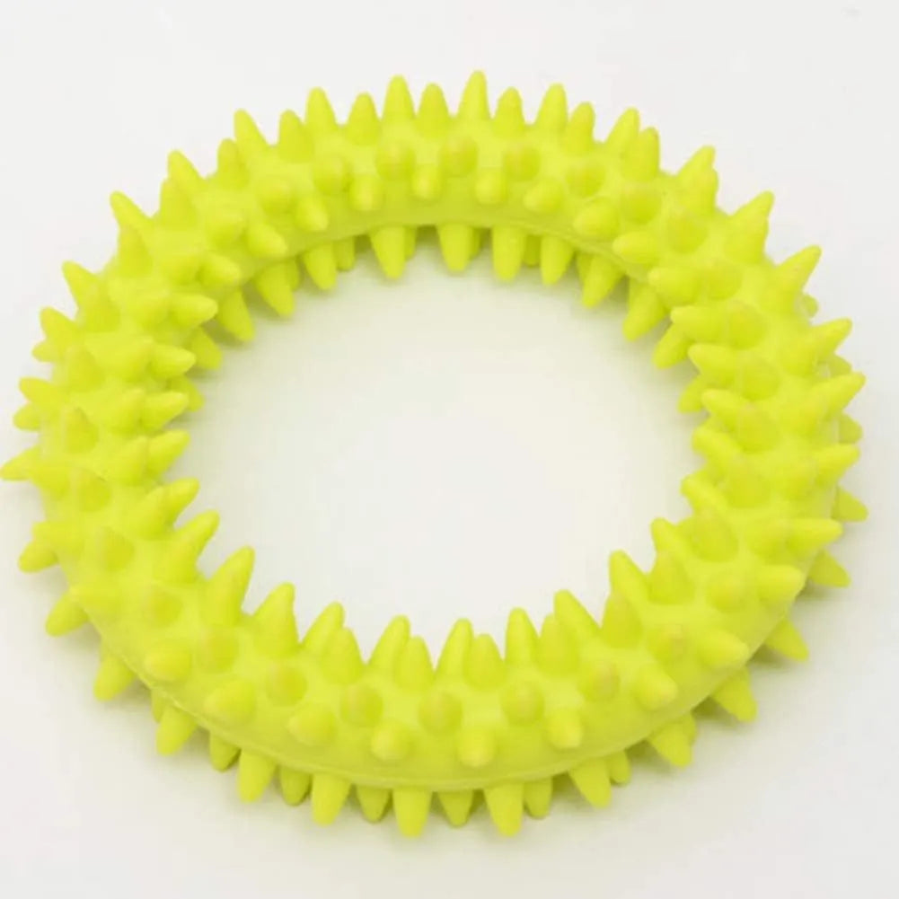 TPR spiky circle ring dog chew toy in assorted colours showing dental cleaning nubs