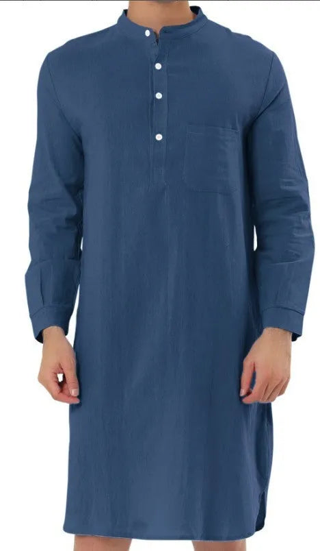 Men's cotton shirt robe with a front pocket, shown in one of nine available colours.