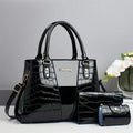 Women's crocodile-stitch three-piece shoulder bag set in PU leather showing main bag with sandwich pocket and two smaller pouches.