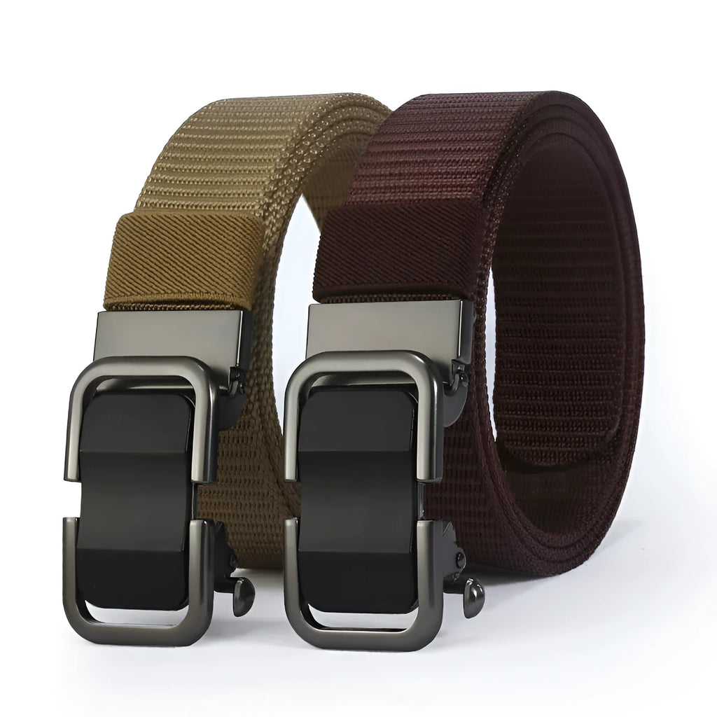 Toothless nylon canvas men's belt with alloy buckle shown in multiple colour options