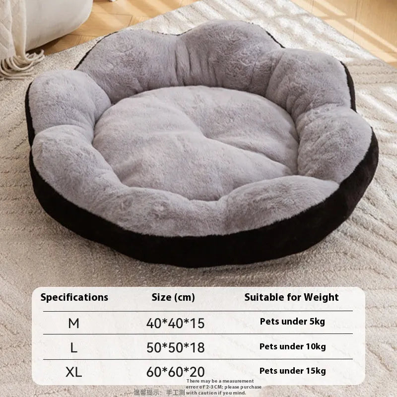 Round rabbit plush cat bed with detachable design in yellow brown colour, shown in L size dimensions