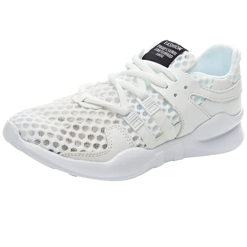 Side view of black hollow breathable mesh sneakers with flat EVA sole and round toe design