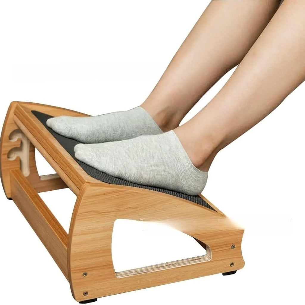Wooden bamboo adjustable office desk footstool in natural wood colour