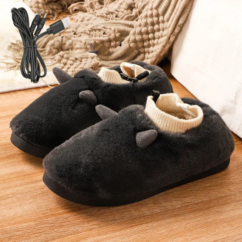 Plush velvet USB heating slippers with a USB cable and power converter, shown in taro purple colour.