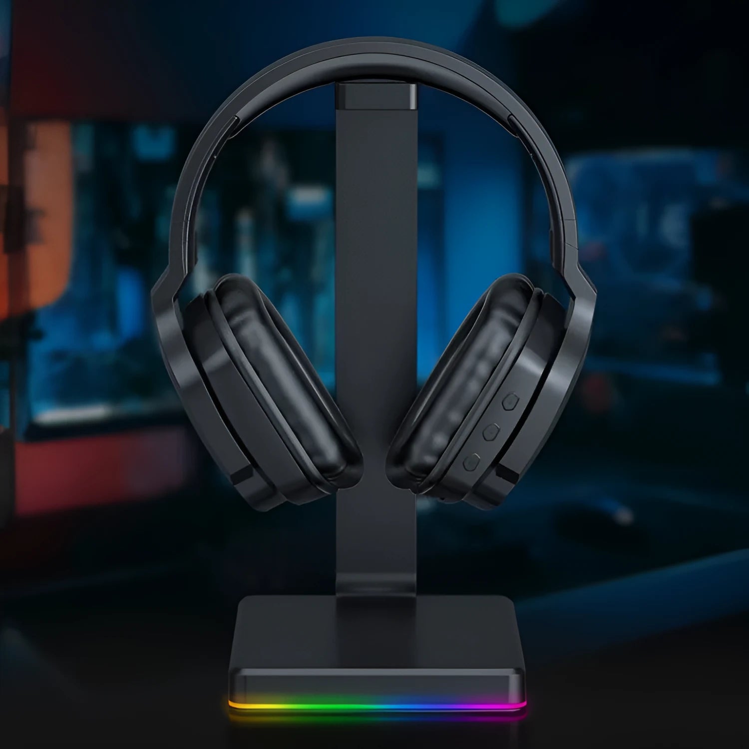 Luminous black wireless headphones with head-mounted design on black background