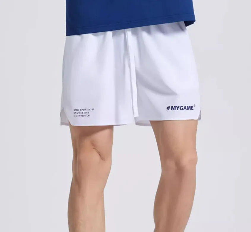 Men's fitness training shorts in midnight blue with moisture-wicking fabric and four-point stretch construction