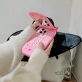 Pink silicone flip phone shaped iPhone case with built-in mirror for models 11 to 15