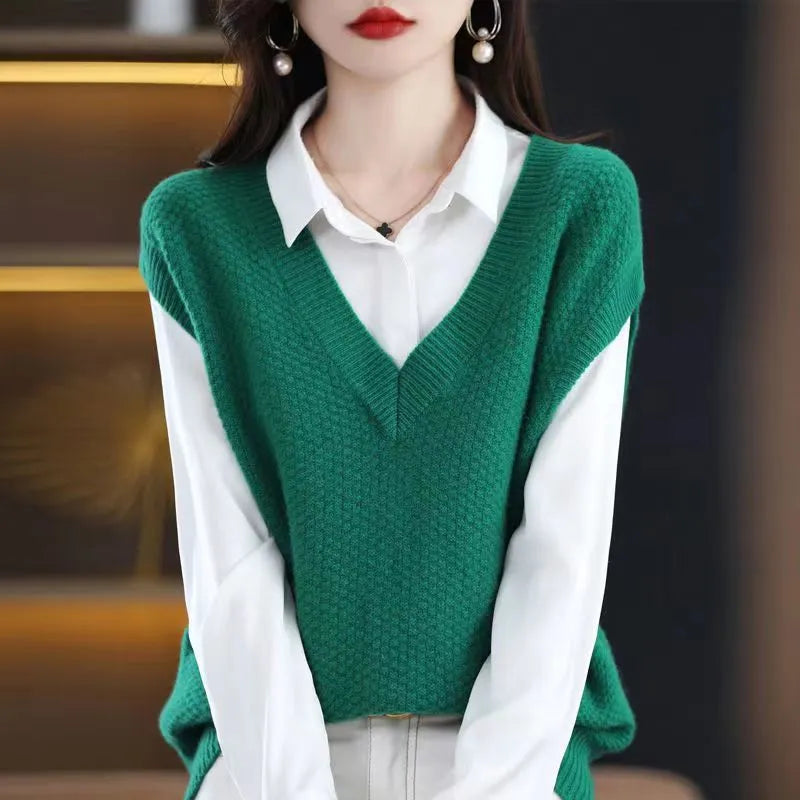 Acrylic sleeveless V-neck vest with 3D pattern in six colour options