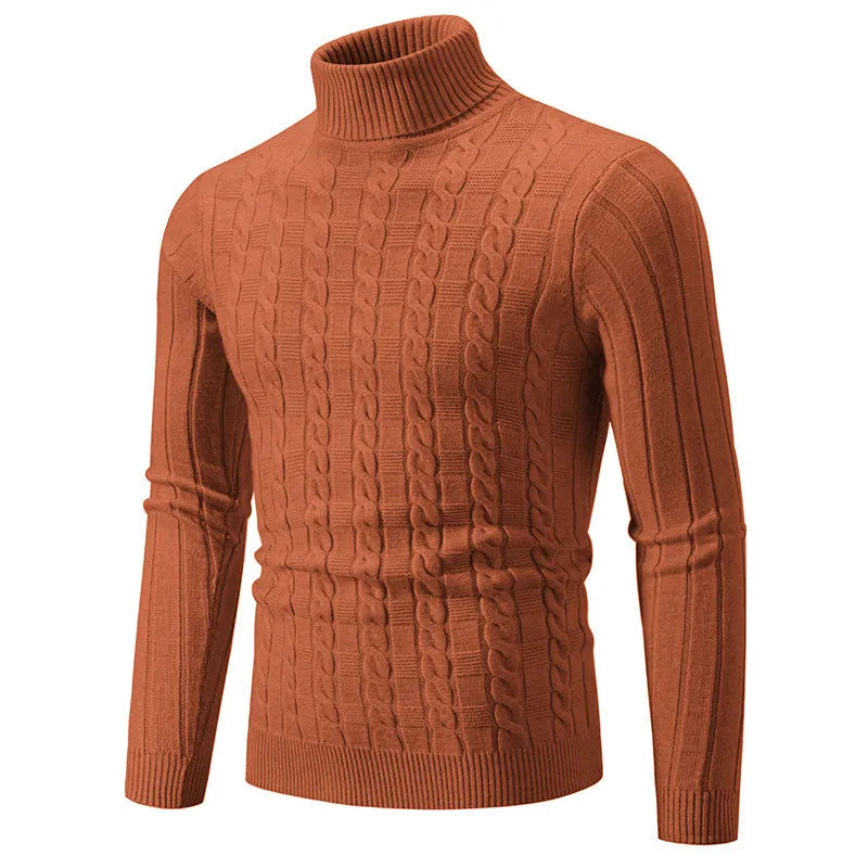 Men's slim fit chenille turtleneck pullover sweater showing twist texture design in beige colour