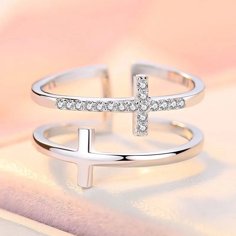Adjustable copper open ring with zircon stones set in sterling silver inlay, white gold electroplated finish