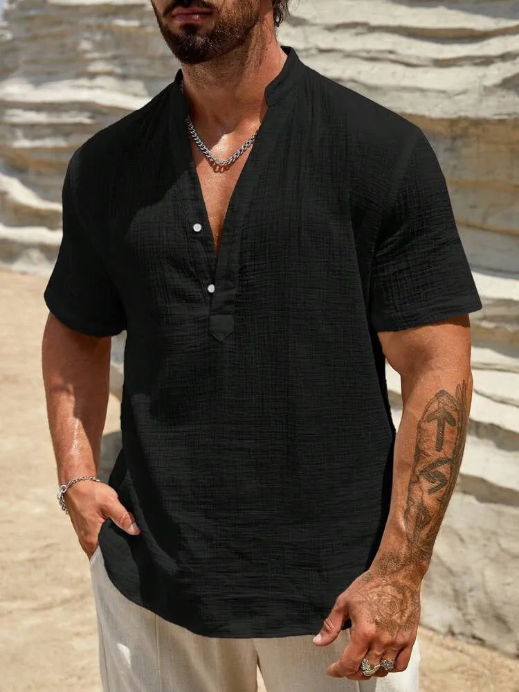Men's solid colour short-sleeved shirt with a stand collar on a hanger