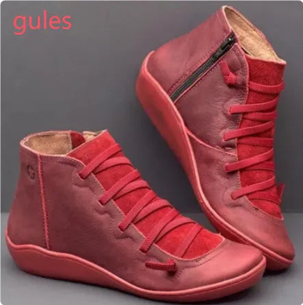 Women's flat wedge heel ankle booties in various colours including leopard print, with round toe and rubber sole.