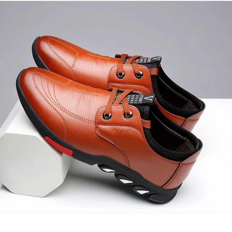 Men's black and brown PU leather flat loafers for business-casual spring wear.