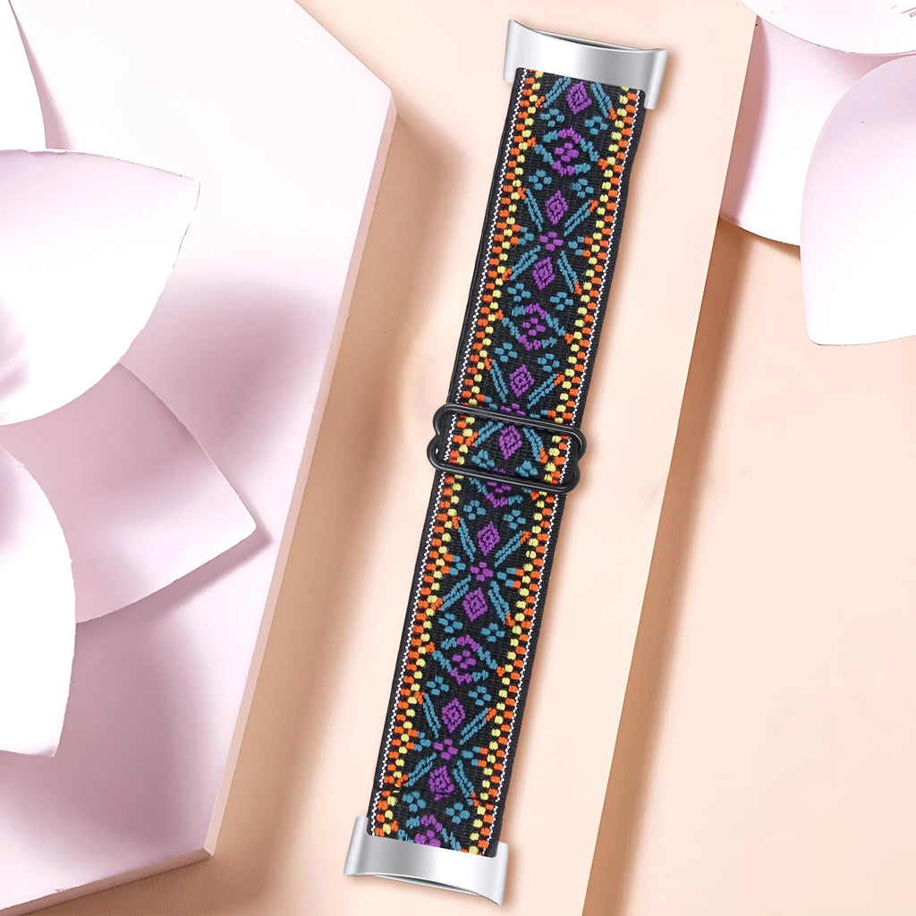 Printed elastic watch strap for Fitbit Charge 6 in various colours including rainbow