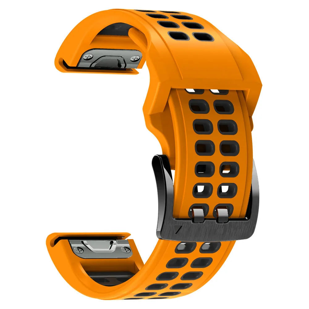 Quick release double-row hole silicone sports watch strap in a two-tone colour on a watch.