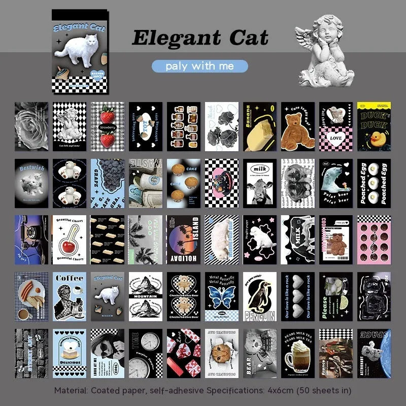 Cartoon sticker book with retro American style showing 4x6cm adhesive stickers in six colour variations