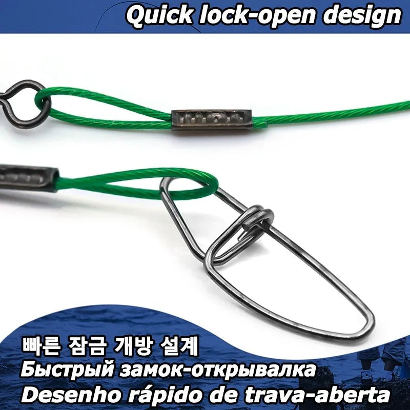 54cm green anti-bite fishing steel wire with a double buckle pin on a blue background.
