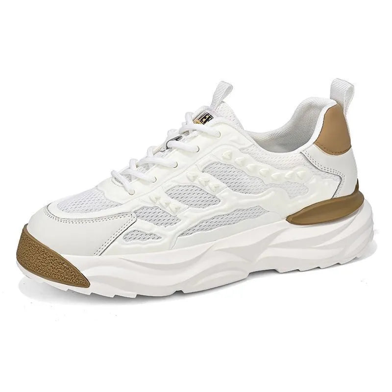 Men's solid colour trainer shoes with PU mesh upper in white or black on a plain background