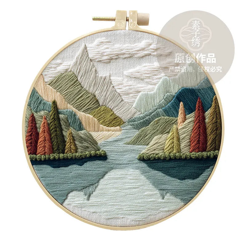 Landscape embroidery DIY kit with cotton linen fabric, 15cm imitation bamboo frame, and embroidery tools
