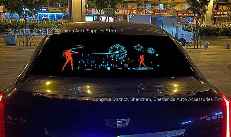 Car interior voice-controlled rhythm light displaying one of its 16 electroluminescent patterns on a 90 by 25 cm panel.
