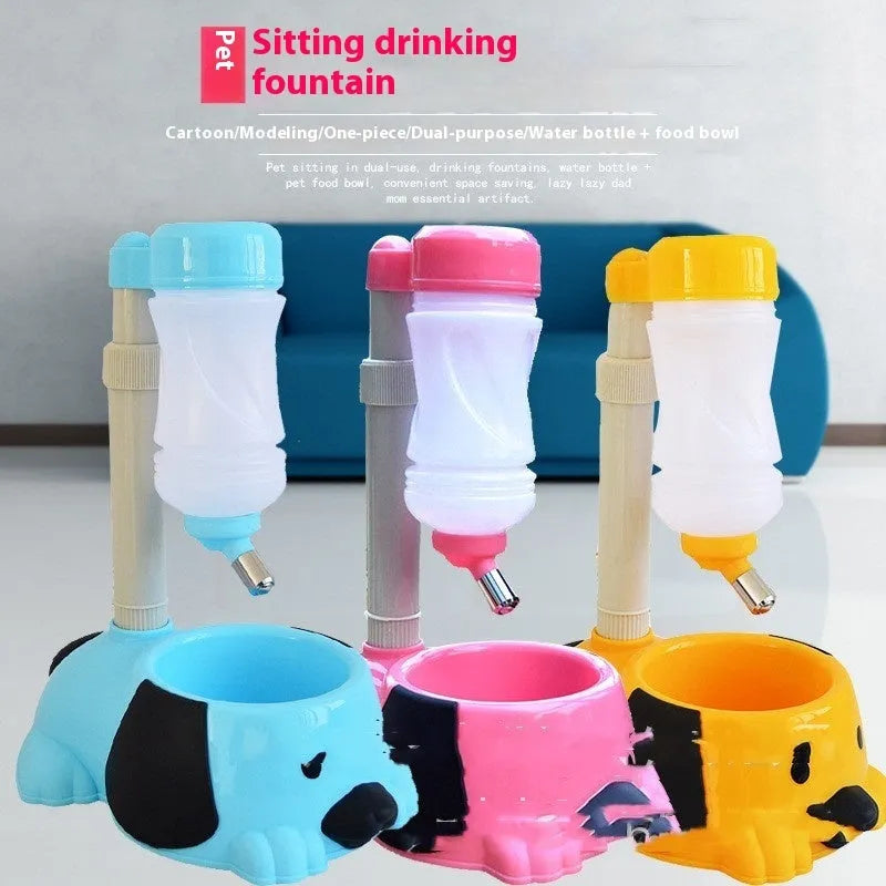 Adjustable rod-lift pet water bowl in blue colour on a white background.
