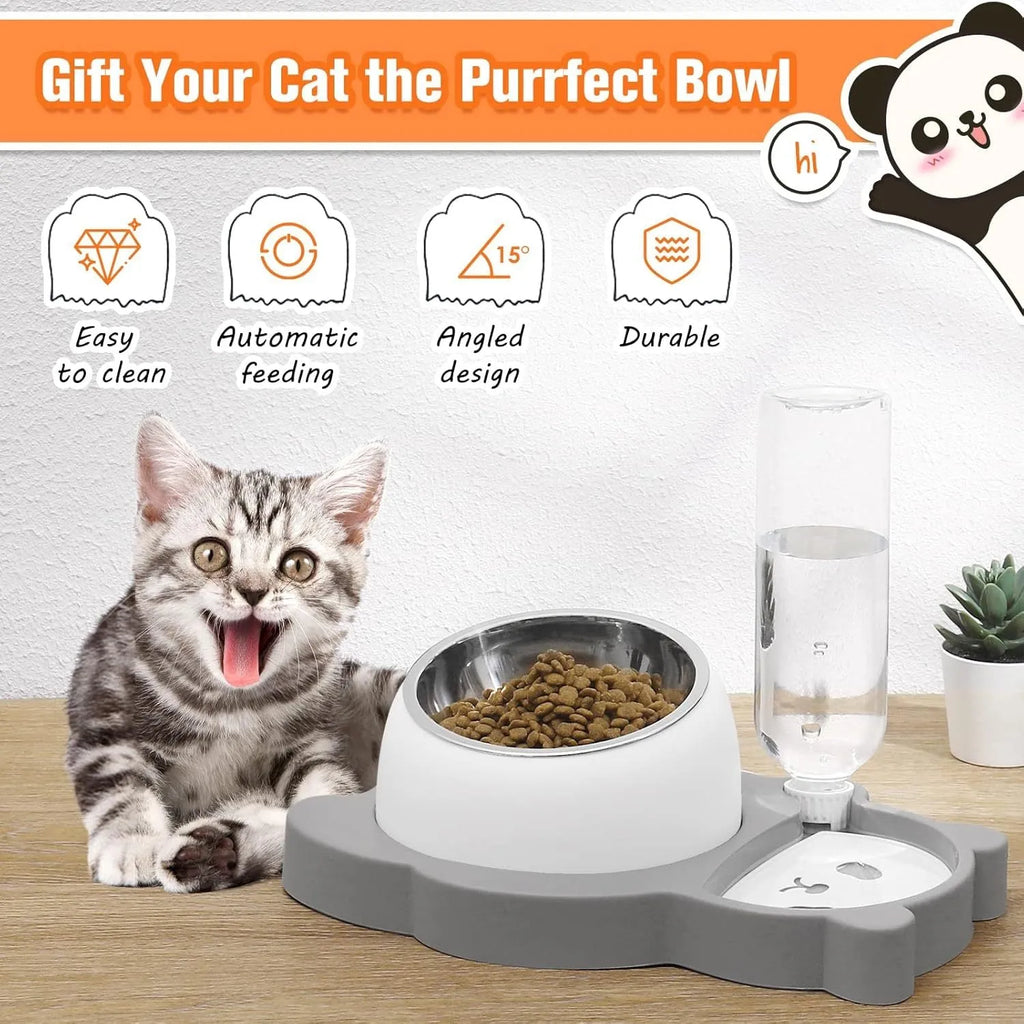 Grey panda-shaped pet feeder with tilted stainless steel bowls and automatic water bottle