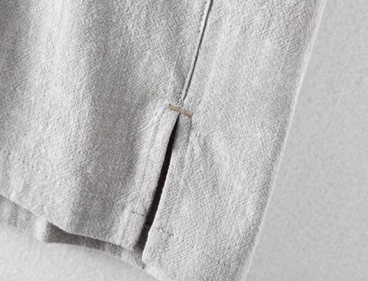 Men's solid colour loose fit casual shirt in cotton and linen blend, shown in light grey.