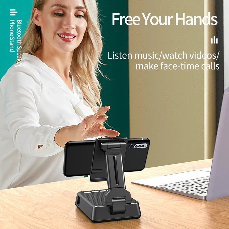 Black mobile phone stand with Bluetooth speaker and microphone for desk use