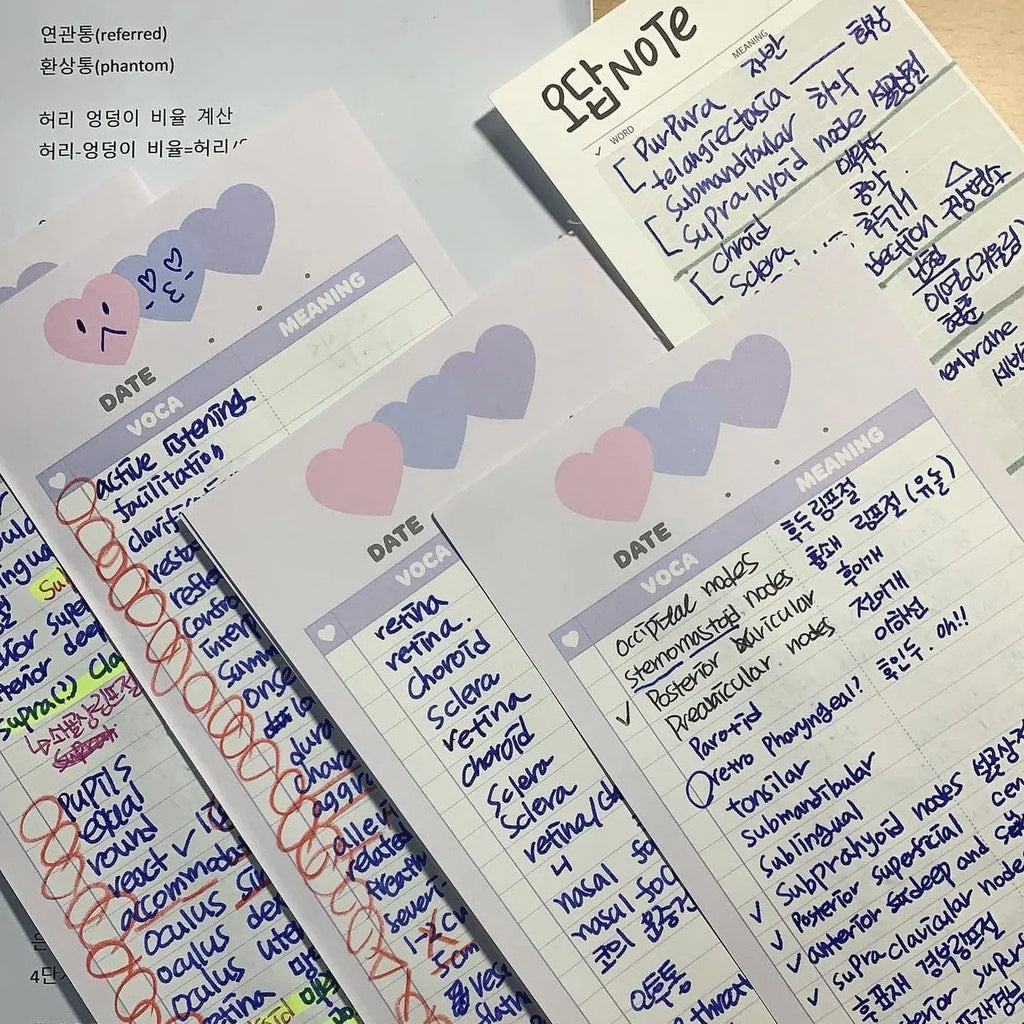 Half-B5 vertical notepad for English learning with pink, purple, or blue cover options
