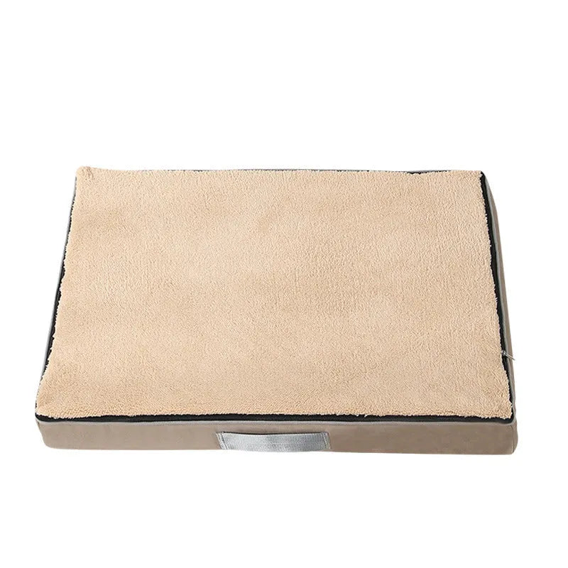 Removable washable sponge dog mat in brown, available in multiple sizes on a wooden floor.