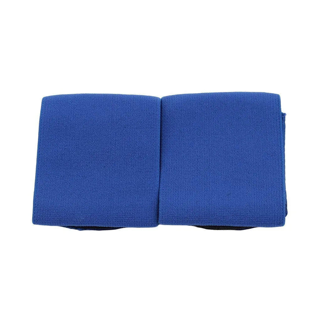 Red rubber elastic strap for securing football shin guards, shown flat measuring 25cm long.