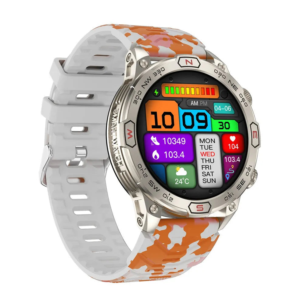 Sports smartwatch with AMOLED screen showing weather forecast, zinc alloy case, liquid silicone strap
