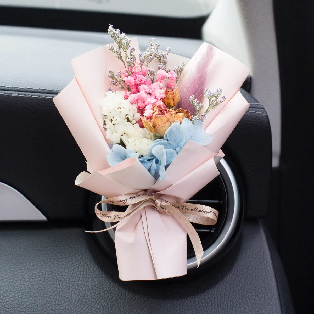 Handmade dried flower bouquet car vent air freshener in a choice of 13 colours.