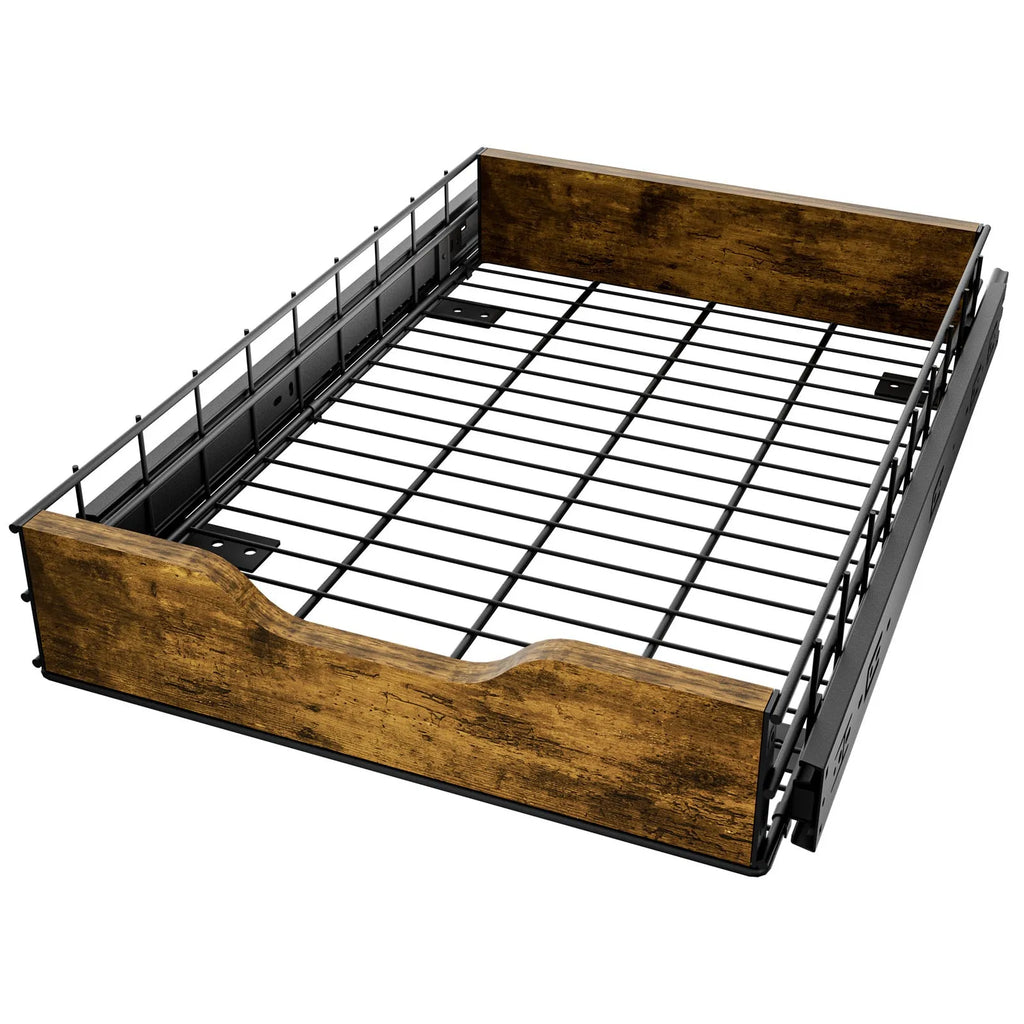 Black kitchen storage rack with pull basket drawers made from wood and iron materials