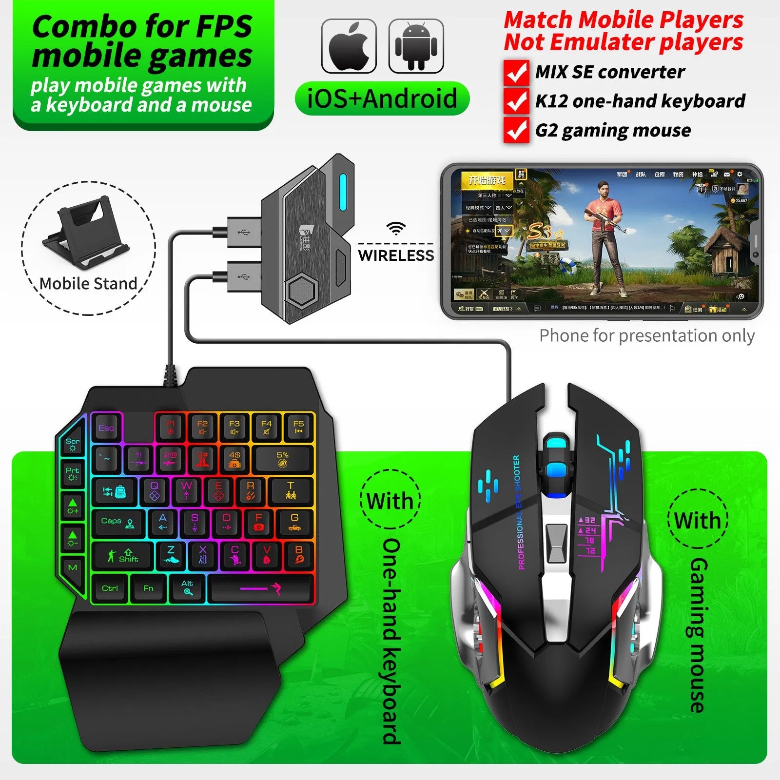 ABS plastic keyboard mouse converter for mobile gaming with USB interface