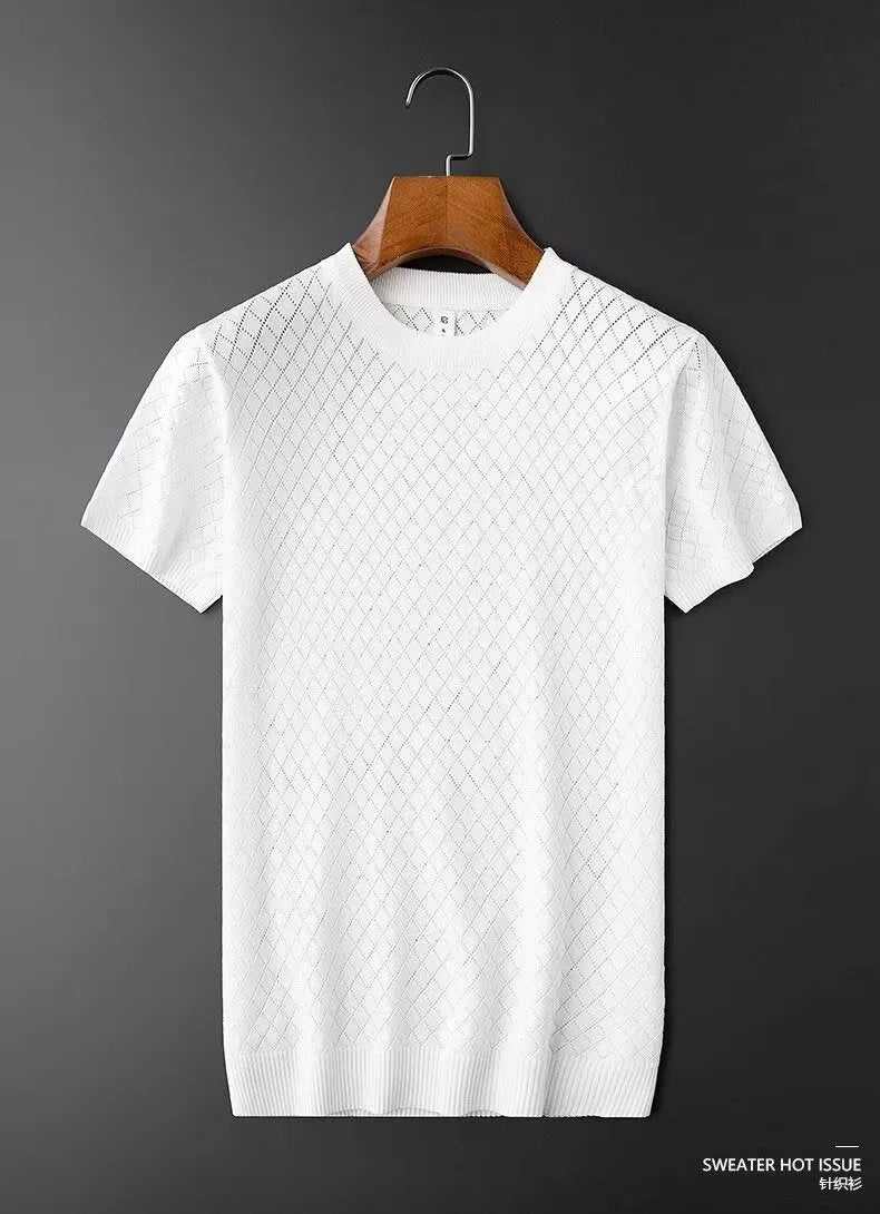 Men's ice silk V-neck T-shirt in black Korean style with cut-out detail and short sleeves